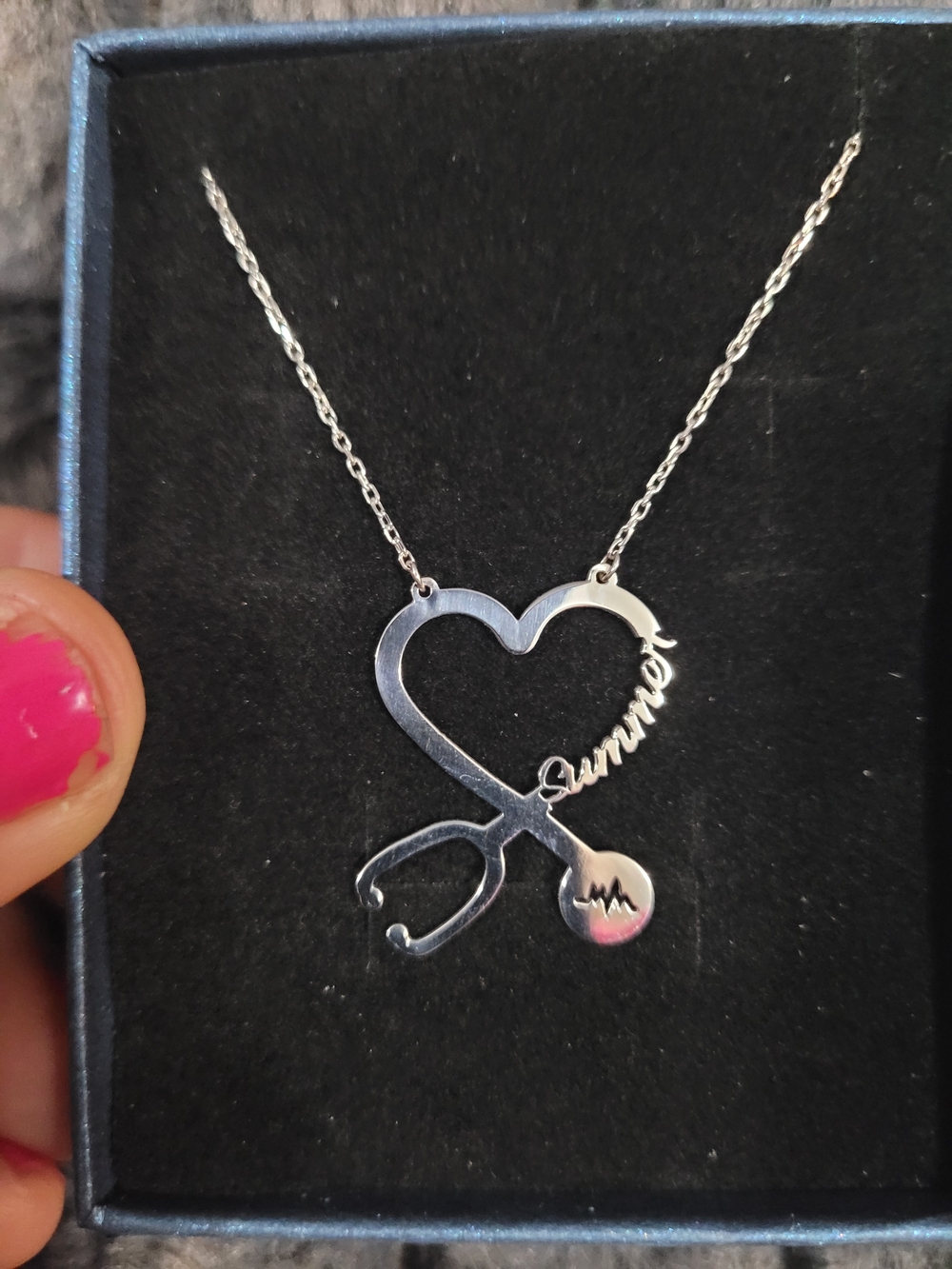 Nurse Sterling Silver Heart Stethoscope Necklace - 'Summer' Script Pendant